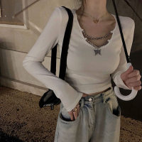 ins超火秋冬长袖t恤打底衫女紧身内搭外穿设计感拉链上衣配高腰裤 白色 M