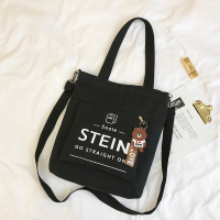 新款ins斜挎包女拉链大容量学生小众韩版上班手提单肩百搭帆布包 立体口袋字母 黑色 送小熊挂件