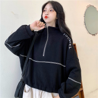 waitmore拉链卫衣女春秋宽松韩版潮ins慵懒风bf薄款chic港味外套 黑色 M