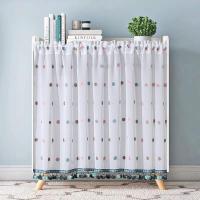 免打孔安装简易书柜防尘遮挡帘布魔术贴书架置物架帘壁柜橱柜纱帘 松果蓝 送绑带+送60-110伸缩杆 单层 宽150高20