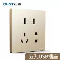 正泰86型墙壁开关插座单开五孔插座一开双联双控香槟金色开关家用 双USB五孔插座