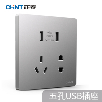 正泰银色墙壁开关插座五孔一开二三插座带开关浅灰色86型暗装面板 双USB五孔插座