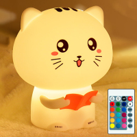 可爱小猫硅胶拍拍小夜灯充电遥控录音儿童房卧室睡眠护眼床头台灯 幸运猫粉[遥控录音款]