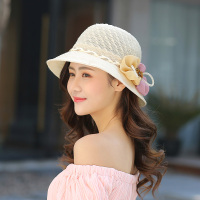 帽子女夏天草帽花朵遮阳帽夏季可折叠太阳帽防晒沙滩帽遮脸韩版潮 米黄色 均码（55-59cm）