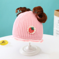 婴儿帽子春秋冬季薄款女宝宝假发帽洋气婴幼儿可爱超萌公主帽秋天 水晶草莓 粉色(冬款) 2-18个月 参考头围(40-47
