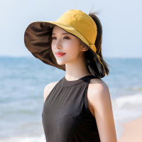 太阳帽女大檐折叠防紫外线大帽檐马尾渔夫空顶沿无顶遮阳防晒帽子 防晒蝴蝶-----黄色 可调节