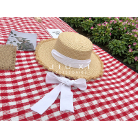 韩版ins碎边蕾丝系带草编帽子 拉菲草平顶清新海边遮阳防晒沙滩帽 白色系带(加厚) M(56-58cm)