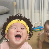 ins韩国网红款婴儿假发爆炸头帽子男宝宝卷卷毛线帽可爱凹造型帽 黄色 6个月-4岁 均码