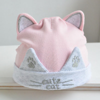 春秋天新生儿胎帽0-3个月婴儿帽子2婴幼儿纯棉初生儿男女宝宝夏季 粉色猫咪(双层) 0-3个月(帽围33-40cm) 均