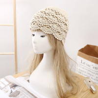 帽子女春秋韩版潮蕾丝薄款遮白发镂空手工编织瓜皮头巾包头贝雷帽 米色(帽檐花边) 材质(棉线) 帽围55---60CM