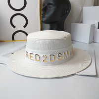 英伦优雅白色平顶小礼帽春夏字母小清新草帽女度假遮阳防晒帽子 帽檐-白色 可调节