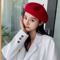 贝雷帽女春秋季早春韩版日系百搭羊毛呢蓓蕾帽英伦复古画家帽子潮 羊毛贝雷帽-大红色 均码（56-58cm）