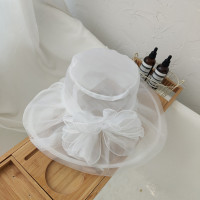 赫本风白色花朵蕾丝欧根纱礼帽女拍照婚纱摄影帽子大檐帽夏天遮阳 白色 可调节