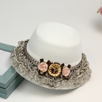 帽子 女 秋季英伦麻帽子礼帽韩版时尚百搭卷边蕾丝花边初夏天女帽 白色 黑蕾丝 M(56-58cm)