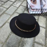 帽子女英伦秋冬名媛复古韩版百搭爵士帽平顶毛呢帽黑色羊毛小礼帽 平顶 亚克力链条 成人均码,内置调节