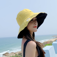 渔夫帽女遮阳防晒韩版百搭潮牌显脸小大头围大号日系可爱遮脸帽子 小雏菊大檐黄色+黑色 均码(收藏优先发货 送防风绳)