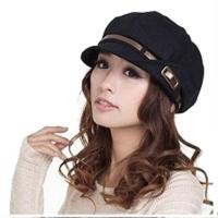 2021新款春秋冬季八角帽翻边贝雷帽韩版淑女鸭舌帽时尚帽子女士帽 皮条八角 黑色 M(56-58cm)