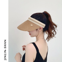 空顶遮阳草帽女夏季可扎马尾发箍帽子网红防紫外线无顶防晒太阳帽 卡其色 可调节