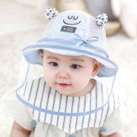 婴儿渔夫帽夏季薄款宝宝帽子男女儿童防晒遮阳太阳帽可爱超萌春秋 点点耳朵-水天蓝（帽子+可拆卸面罩） 【44码】：适合头围