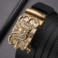 新款男士自动扣帆布腰带中青年时尚百搭潮流运动休闲商务龙扣皮带 古铜色龙--黑色 110cm