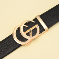 皮带男潮年轻人网红自动扣商务正装裤腰带精神小伙字母扣中青年 黑色+金GG扣（滑道无孔） 105cm