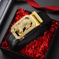 生肖男士真皮皮带韩版潮牛皮中年时尚腰带年轻人自动扣商务裤带 瓜子纹黑色+金老鼠 100cm