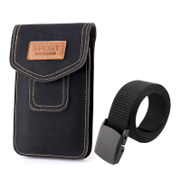 新款手机腰包男穿皮带手机袋挂包多功能腰带腰包工地竖防水手机套 黑色+腰带