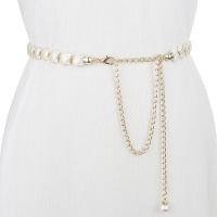 新款金属链条水钻镶嵌珍珠腰链 女式百搭装饰连衣裙细腰带 贝壳珍珠腰链 115cm