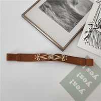 金花纹卡扣腰带女装饰腰封配裙子复古松紧弹力细皮带百搭简单束腰 卡其色