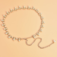 日系甜美珍珠女士金属细腰链 配裙子装饰百搭个性链条腰带窄款女 四叶珍珠
