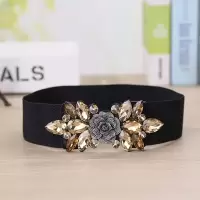 花朵松紧腰带女士百搭连衣裙装饰宽水晶腰封女式塑身弹力时尚配饰 金色