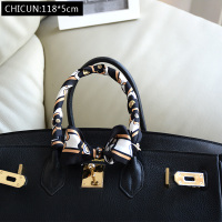 新款真丝绑包包手柄巾绑包丝巾系缠手提包长条丝带双面蚕丝围巾女 黑色金 小金花T