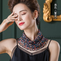 春季防寒真丝围脖女套头丝巾百搭桑蚕丝网纱脖套女薄款护颈小围巾 黑色(繁花)