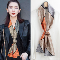 围巾女士春秋丝巾搭西装洋气时尚韩版百搭细窄长条小丝巾领巾包包 时光站台-咖橘