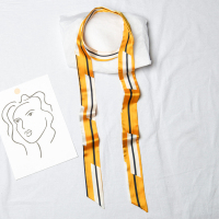 细窄超长条小丝巾女复古法式扎头发带蝴蝶结编发丝带腰带飘带领带 间隔条纹长条-黄