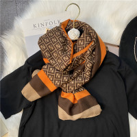 春秋季文艺极简风棉麻围巾女气质百搭长款两用大披肩薄款丝巾纱巾 网格橘黄色