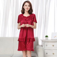 加肥加大码睡衣女士夏季短袖宽松冰丝绸睡裙胖mm孕妇连衣裙中老年 红色 枣红2018 160(M) 适合80-100斤