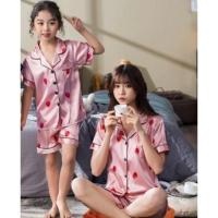 睡衣夏季冰丝绸薄款短袖情侣加大码胖mm宽松一家四口皮卡丘亲子 粉色草莓 大童S码143-153公分