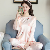 春秋季丝绸睡衣套装冰丝质长袖女装薄款性感九分袖加大码家居服 2037《圆领》水蜜桃 160(M)