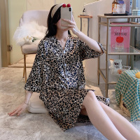 豹纹睡衣女夏季真丝短袖睡裙大码胖MM性感狂野冰丝绸衬衫孕妇薄款 WX1908豹纹 160(M)