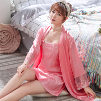 夏天两件套冰丝绸睡衣女长袖薄款睡袍性感蕾丝睡裙春季韩版家居服 702-西瓜红 S