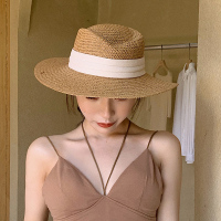 草帽女小清新日系防晒遮阳沙滩平檐帽子夏天韩版潮网红款小沿礼帽 米色带子 M(56-58cm)