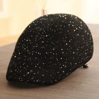 帽子女夏天韩版贝雷帽防晒镂空透气画家帽女士遮阳平顶亮片鸭舌帽 黑色 可调节