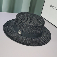 遮阳帽女黑白镂空平顶草帽夏天沙滩帽海边度假英伦礼帽防晒出游潮 黑色 可调节