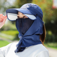 防晒面纱帽宽檐遮脸脖子头套全脸夏天挡脸夏季护脸罩庶阳女夏凉帽 字母款 藏青色 速干遮脸帽,时尚百搭(可调节)