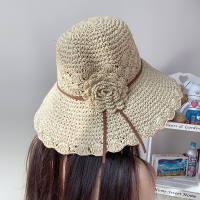 花朵草帽子拉菲草编可折叠凉帽遮阳防晒帽大帽檐旅游淑女甜美海边 米色 M(56-58cm)