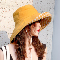 CHIC日系渔夫帽女双面可戴格子文艺小清新休闲出旅游假度防晒帽子 渔夫帽单面格子 黄色 M(56-58cm)