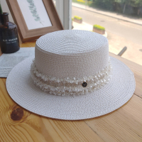 春夏白色网红同款平顶草帽女名媛优雅防晒遮阳帽子海边度假沙滩帽 白色-花布装饰 7cm帽檐(可调节)