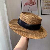 网红ins春夏天出游草帽英伦复古宽檐平顶礼帽日系沙滩度假遮阳帽 卡其色黑色带 M(56-58cm)