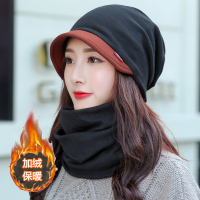帽子女秋冬套头帽韩版休闲百搭时尚包头帽潮睡帽头巾月子帽春秋薄 黑色加绒[拼色鸭舌+棉绒] 多功能可漏马尾